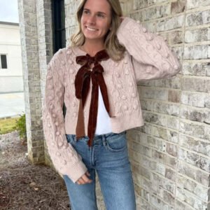 Bow Tie Closure Cable Knit Cardigan Blush