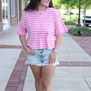Pink Power Play Striped Crop Tee