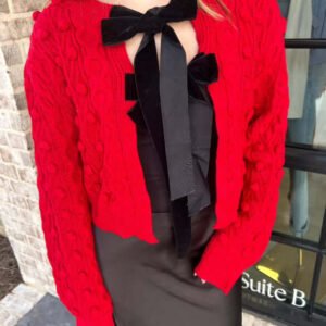 Bow Tie Closure Cable Knit Cardigan Red